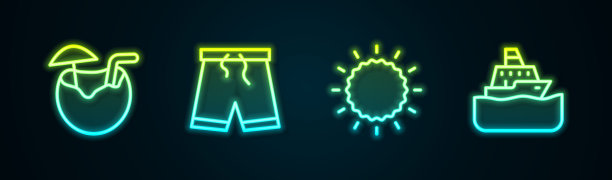 椰子鸡尾酒，泳裤，太阳和游轮。发光的霓虹灯图标。向量图片下载