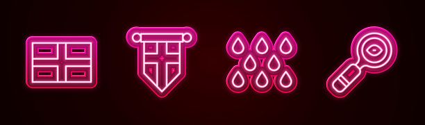 设定线:英国国旗，三角旗上的国旗，水滴和放大镜。发光的霓虹灯图标。向量图片下载