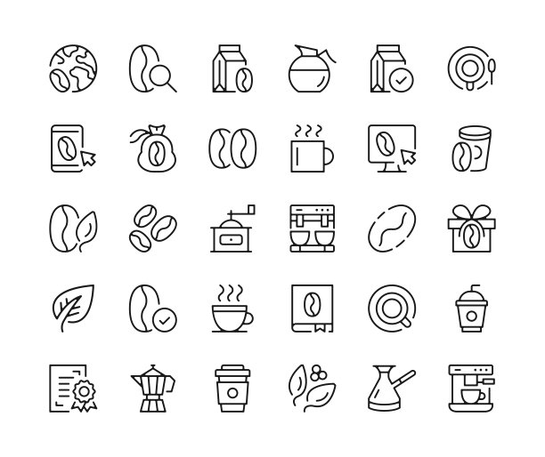 咖啡图标。矢量线图标集。咖啡厅，餐饮，餐厅，浓缩咖啡，咖啡杯的概念。黑色轮廓笔画符号图片下载