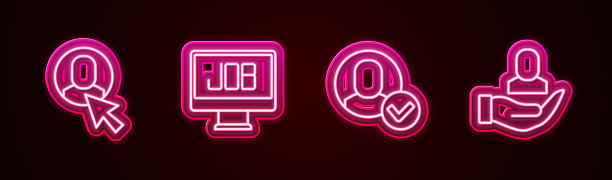 设置线路工人，搜索作业，和。发光的霓虹灯图标。向量图片下载