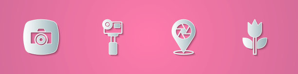 集剪纸相机，动作极限，相机快门和模式微距图标。纸艺风格。向量图片下载