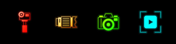 设置动作极限相机，相机照片镜头，照片和对焦框线图标。向量图片下载