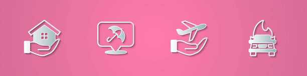 集剪纸房子在手，伞，飞机和燃烧的汽车图标。纸艺风格。向量图片下载