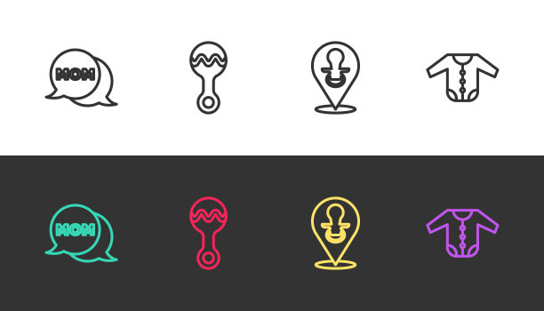 语音泡泡妈妈，摇铃婴儿玩具，婴儿奶嘴奶嘴和衣服黑白两色。向量图片下载