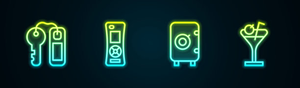 设置酒店门锁钥匙，遥控器，保险箱和马提尼酒杯。发光的霓虹灯图标。向量图片下载