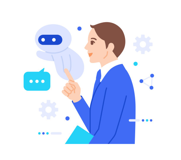 客户开发。一个人使用人工智能来可视化和自动化营销活动的插图。图片下载