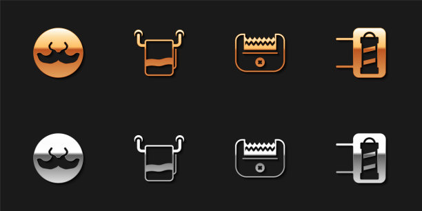 集胡子，毛巾在衣架上，电动理发器和理发店杆子图标。向量图片下载