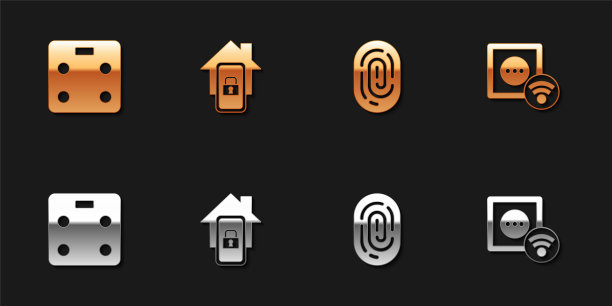 设置智能浴室秤，智能家居手机，指纹和电源插座图标。向量图片下载