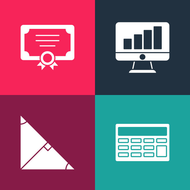 设置波普艺术计算器，三角形角平分线，计算机显示器与图表和证书模板图标。向量图片下载