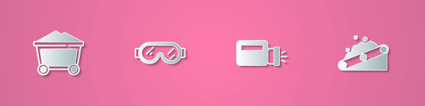 设置剪纸矿用煤小车、安全护目镜、手电筒、传送带搬运图标。纸艺风格。向量图片下载