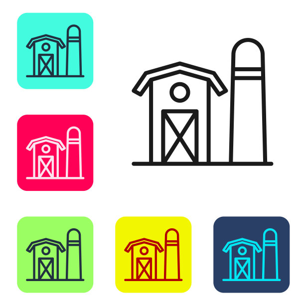 农舍图标孤立在白色背景上。设置图标为彩色方形按钮。向量图片下载