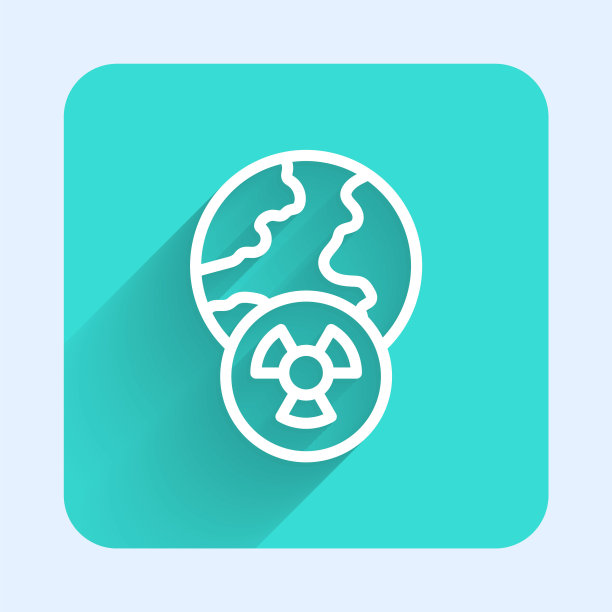 白线行星地球和辐射符号图标与长阴影背景隔离。环境的概念。绿色方形按钮。向量图片下载