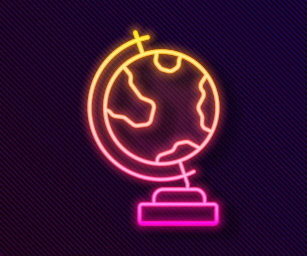 发光的霓虹灯线地球图标孤立的黑色背景。向量图片下载