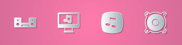 集剪纸家庭立体声与两个扬声器，电脑音乐笔记，音乐笔记，音调和立体声图标。纸艺风格。向量图片下载