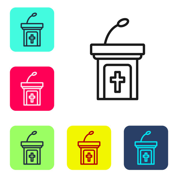 黑线教堂讲道论坛图标孤立在白色背景。教堂里牧师的讲台。设置图标为彩色方形按钮。向量图片下载