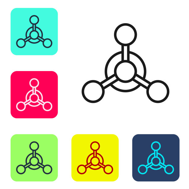 黑线分子图标隔离在白色背景。化学分子结构，理科教师创新教育海报。设置图标为彩色方形按钮。向量图片下载