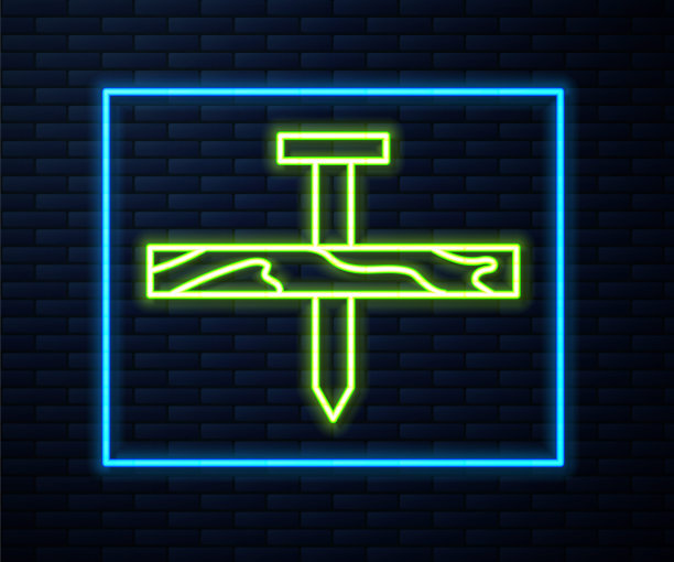 发光的霓虹线金属钉和木板图标隔离在砖墙背景。向量图片下载