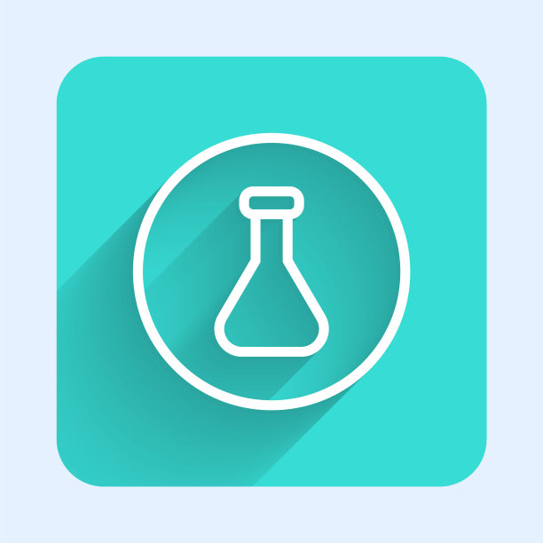 白线试管和烧瓶化学实验室测试图标与长阴影背景隔离。实验室玻璃器皿标志。绿色方形按钮。向量图片下载