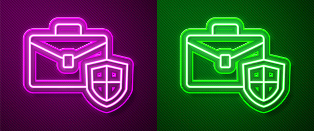 发光的霓虹灯线公文包与盾牌图标隔离在紫色和绿色的背景。保险的概念。安全、安全、保护、保护的理念。向量图片下载