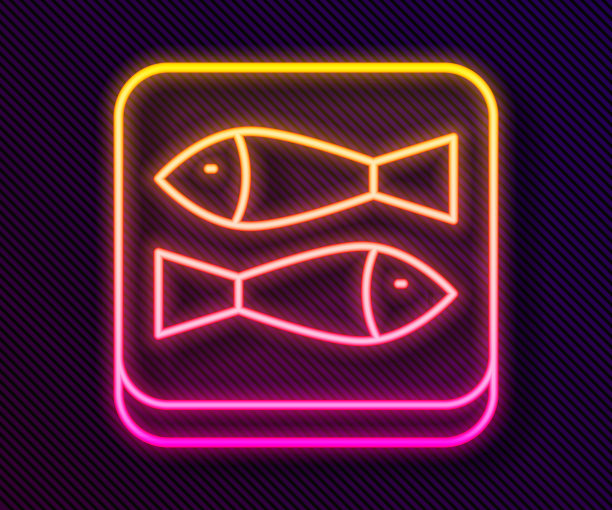 发光的霓虹灯线罐头鱼图标孤立的黑色背景。向量图片下载