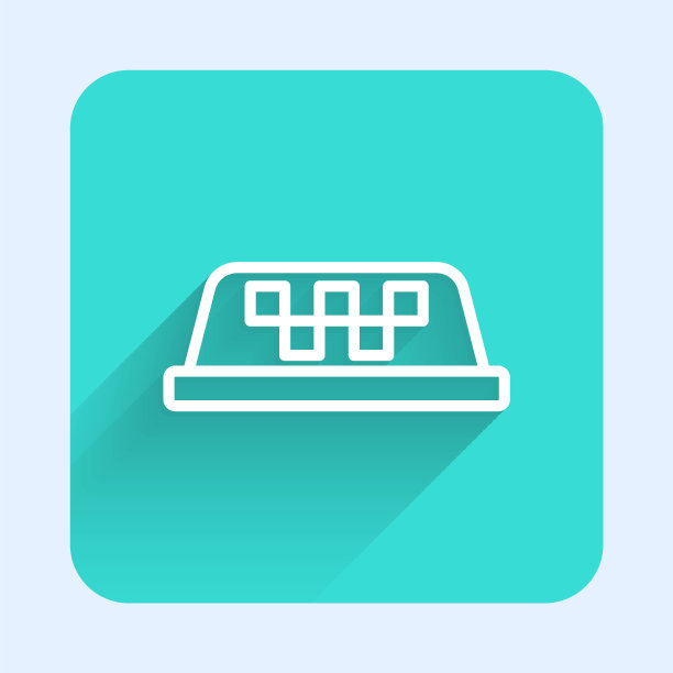 白线出租车车顶图标与长阴影背景隔离。绿色方形按钮。向量图片下载