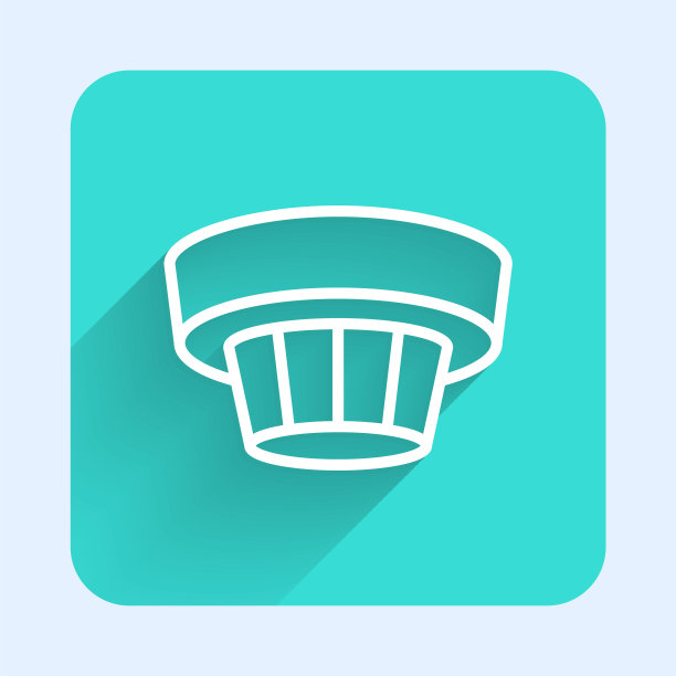 白线烟雾报警系统图标与长阴影背景隔离。感烟探测器。绿色方形按钮。向量图片下载