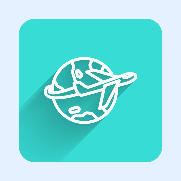 白线地球与飞行飞机图标隔离与长阴影背景。飞机环绕地球飞行。飞机世界的图标。绿色方形按钮。向量图片下载