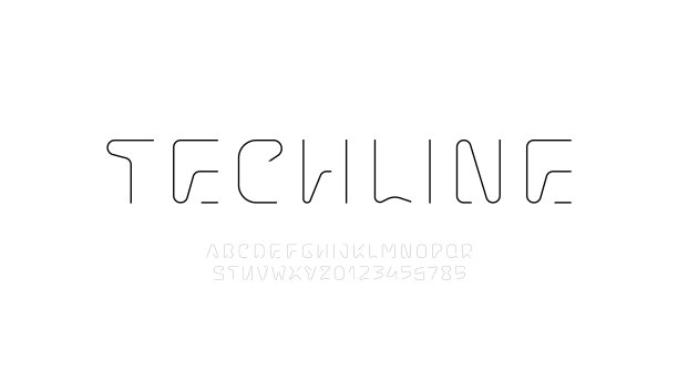 技术薄未来字体，数字网络字母表，时尚的原始字母从A到Z和数字从0到9的界面设计，矢量插图10EPS图片下载