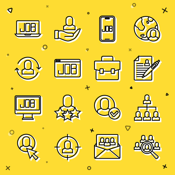 设置线放大镜搜索工作，员工层次，简历，搜索，交换工作和公文包图标。向量图片下载