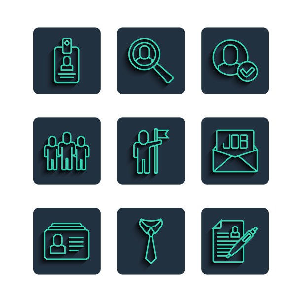 设置简历，领带，工人，男子手旗，项目团队基地，识别徽章和搜索工作图标。向量图片下载