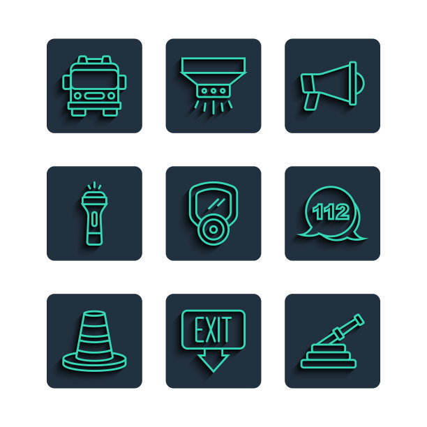 设置线路交通锥，消防出口，软管卷轴，扩音器，防毒面具，手电筒，卡车和紧急呼叫图标。向量图片下载