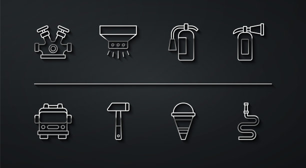 设置线路消防栓，消防车，灭火器，锥形桶，锤子，喷水灭火系统，软管卷轴和图标。向量图片下载