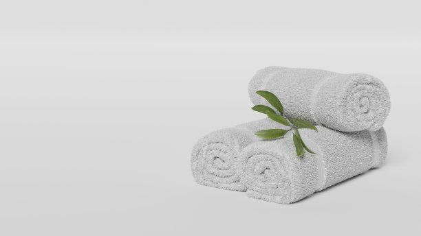 白色三毛巾卷白色背景，白色水疗毛巾堆孤立。空卷织物毛巾布模型，孤立。清洁国内酒店淋浴毛巾，模板。三维渲染图片下载