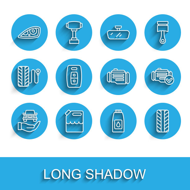 设置汽车维修检查线，汽油罐，汽车大灯，机油，轮胎，遥控钥匙，检查发动机和图标。向量图片下载