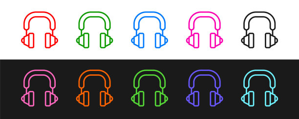 设置线耳机图标隔离在黑白背景。耳机。听音乐、服务、沟通、运营商的概念。向量图片下载