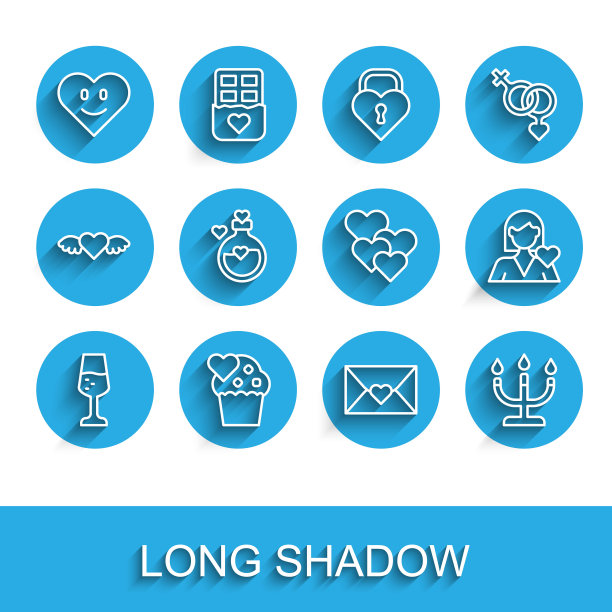 设置线香槟，婚礼蛋糕，心，信封与情人节的心，烛台，瓶子爱情药水，浪漫的女孩和图标。向量图片下载