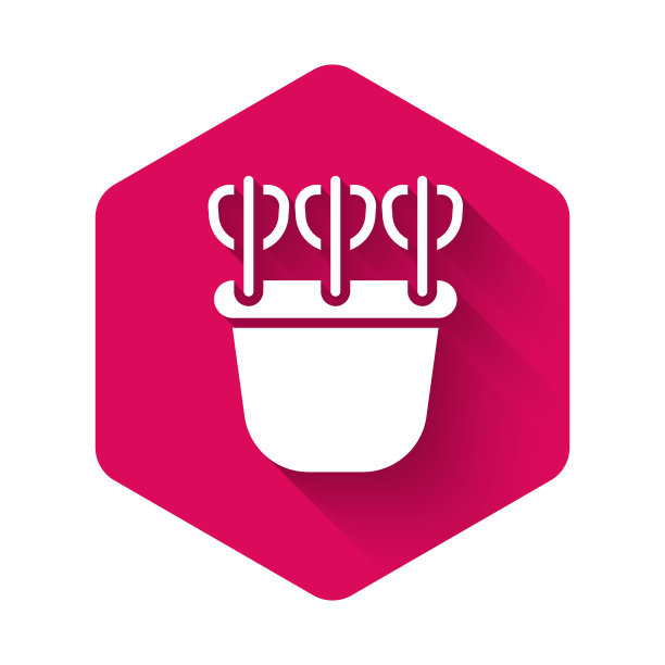 白色箭袋与箭头图标隔离与长阴影背景。粉红色六边形按钮。向量图片下载