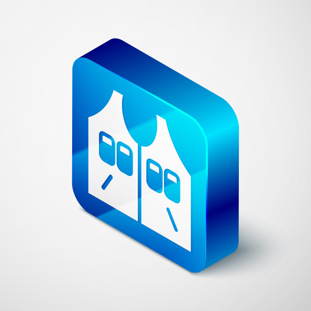 等距狩猎夹克图标孤立在灰色背景。狩猎背心。蓝色方形按钮。向量图片下载