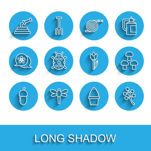 集线橡实，蜻蜓，花园软管，仙人掌佩奥特奥特在锅，开花树的树枝，瓢虫，蘑菇和花郁金香图标。向量图片下载