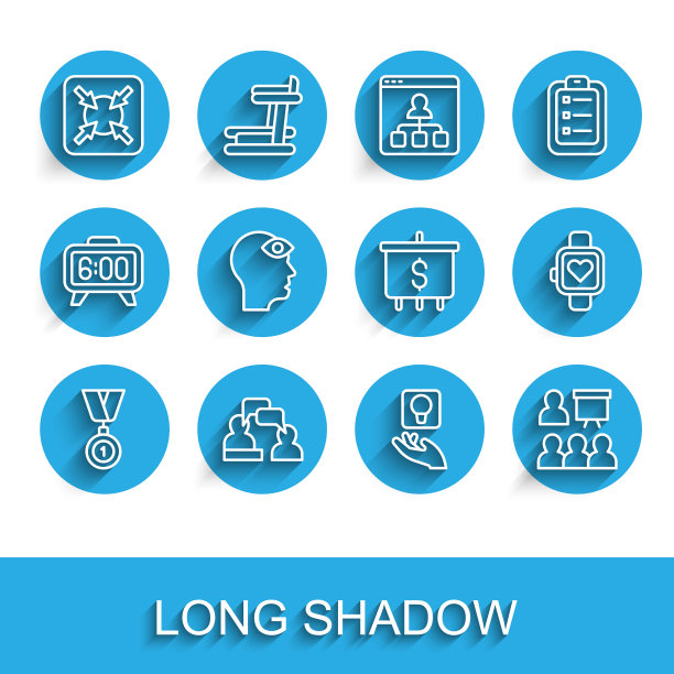 设定线奖章，两个坐着说话的人，目标，灯泡，培训，演示，第三只眼睛的人，智能手表和美元图标。向量图片下载