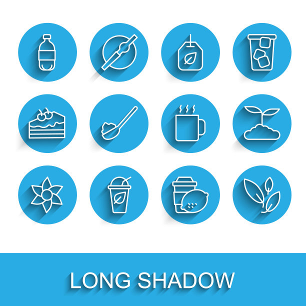 设置线花，一杯茶与叶子，瓶装水，柠檬，茶，勺糖，和图标。向量图片下载