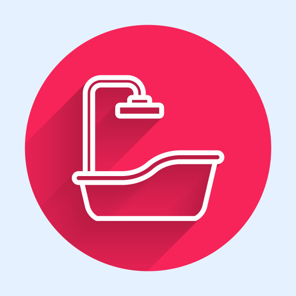 白线浴缸图标孤立与长阴影背景。红色圆圈按钮。向量图片下载