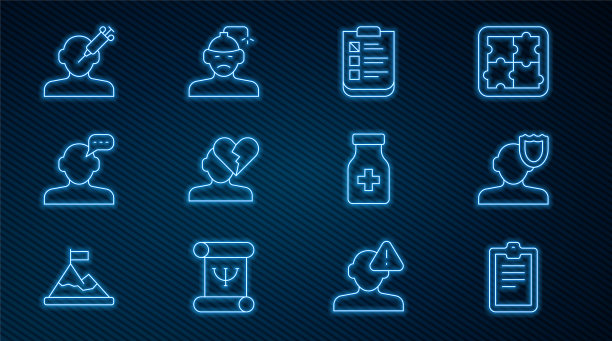 设置线上心理测试，心理学，心碎或离婚，在线心理咨询，药物成瘾，镇静药片和脑震荡，头痛图标。向量图片下载