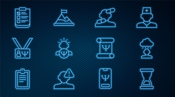 沙漏、沮丧、镇静药、心理学、心理测试、书籍和山顶旗帜图标矢量图图片下载