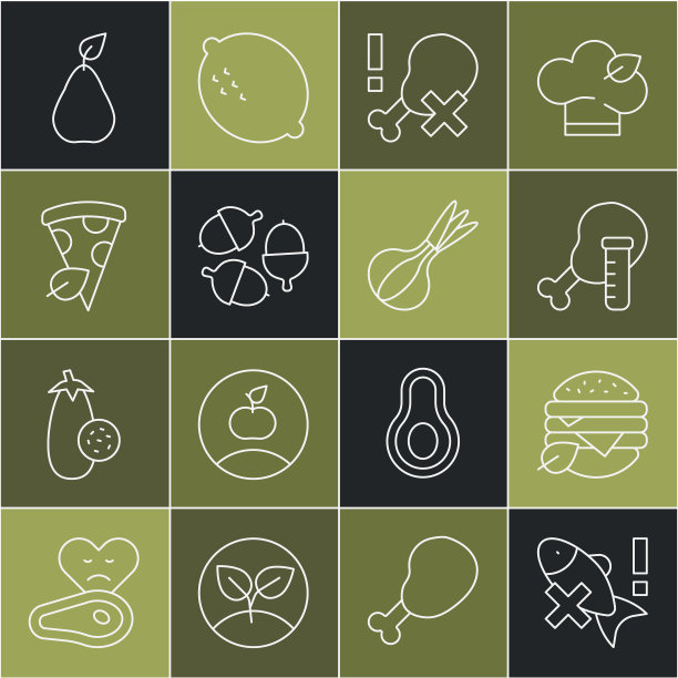 无鱼，素食饮食，转基因鸡，腿，橡子，披萨片，梨和洋葱图标。向量图片下载