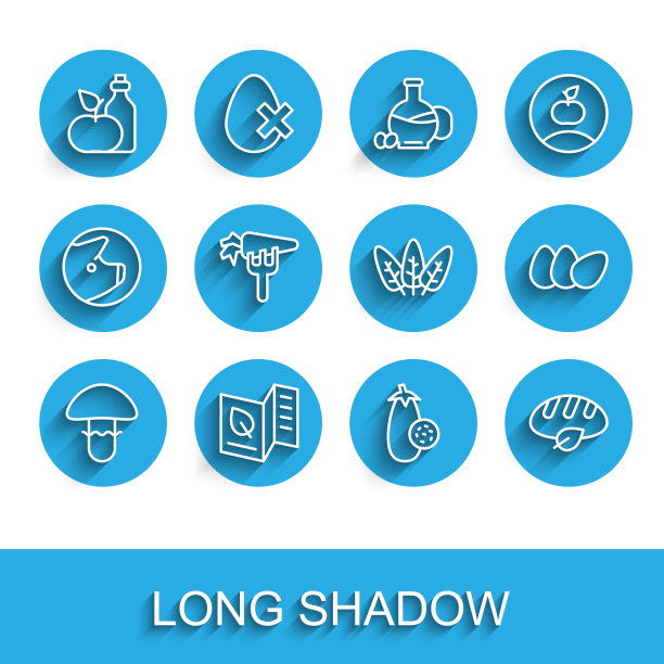 设置蘑菇，素食菜单，瓶装苹果醋，茄子，素食面包，胡萝卜，鸡蛋和叶子图标。向量图片下载