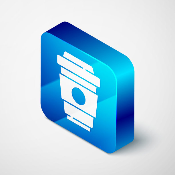 等距咖啡杯去图标隔离在灰色背景。蓝色方形按钮。向量图片下载