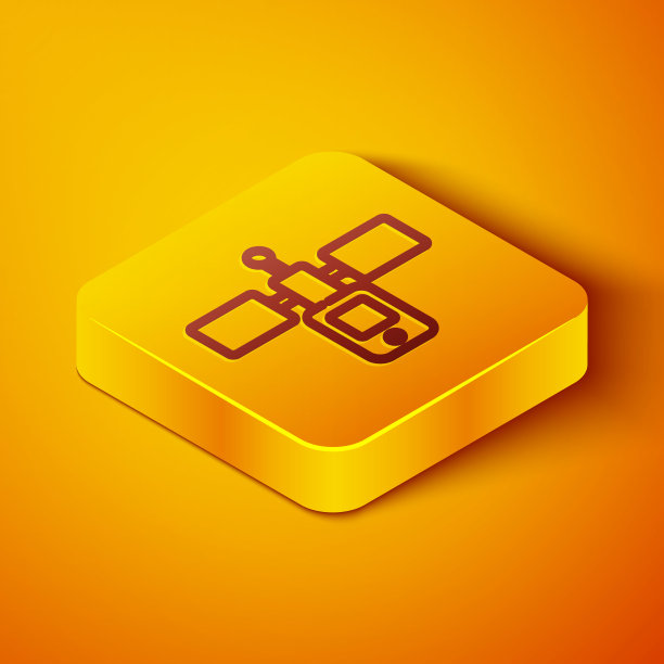 卫星图标隔离在橙色背景上。黄色方形按钮。向量图片下载