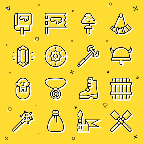 设置线桨或桨船，木桶，海盗在有角的头盔，蘑菇，盾维京人，宝石，书和中世纪的长柄斧图标。向量图片下载