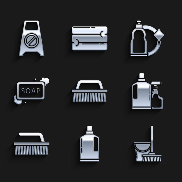 设置清洁刷，塑料瓶液体洗洁精，拖把和桶，肥皂与泡沫，和湿地板进度图标。向量图片下载